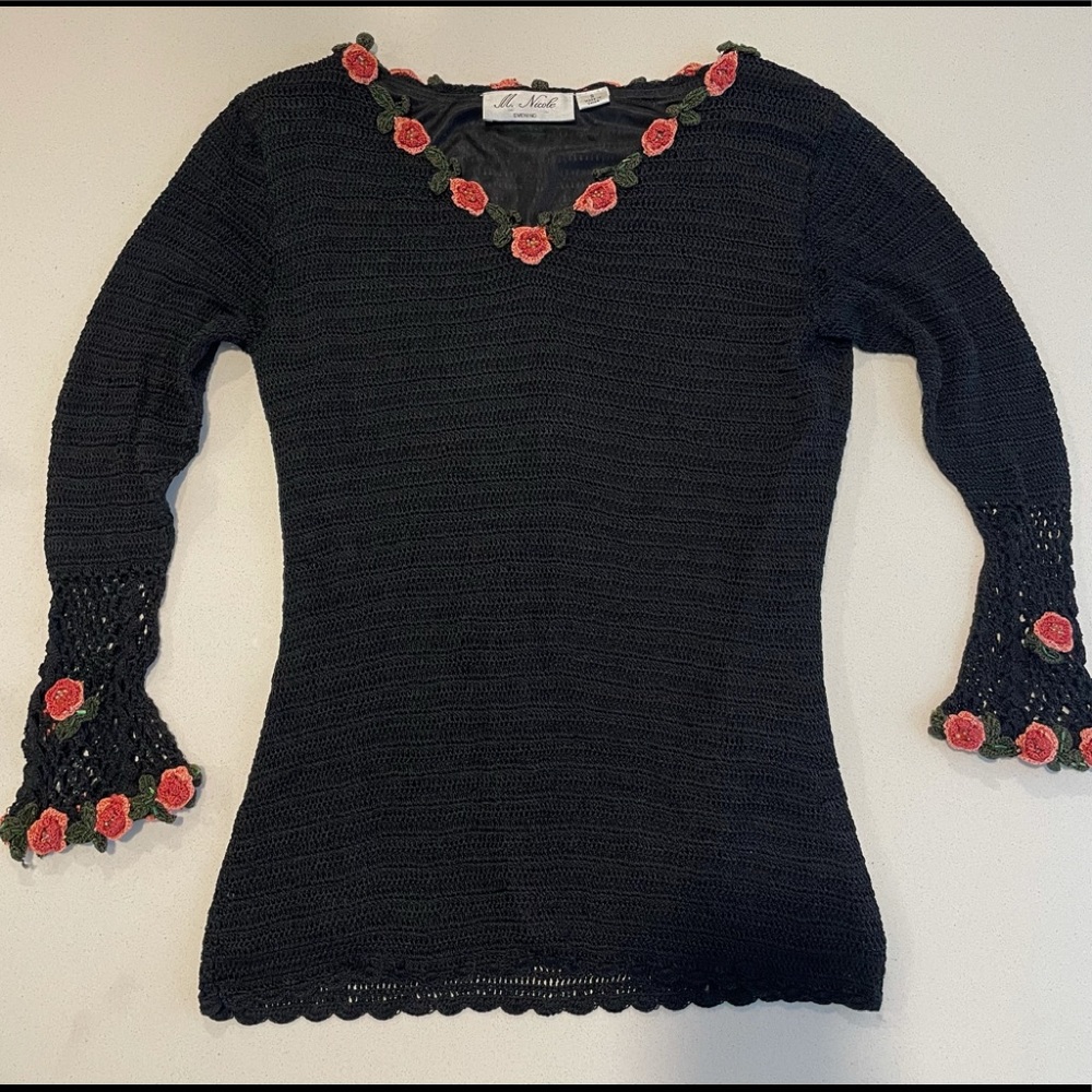 Black Crochet Blouse with Red Floral Accents
